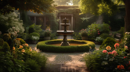 Beautiful garden with fountain and flowers in the evening light. Vintage style.の素材