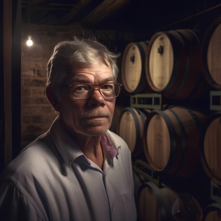portrait of senior man with glass of wine in winery cellarの素材