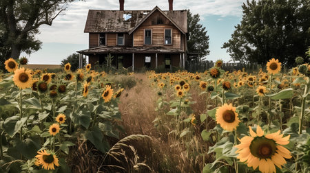 Abandoned house in the middle of a field of sunflowersの素材