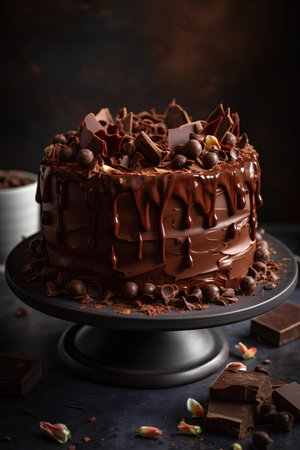 Chocolate cake with chocolate shavings and nuts on dark backgroundの素材