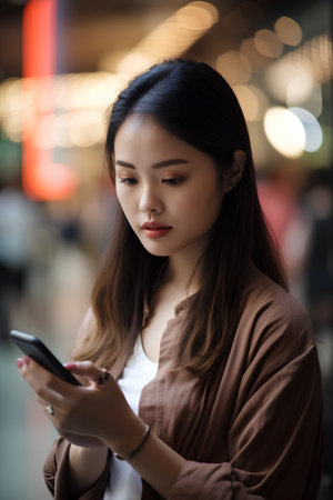Portrait of a beautiful young asian woman using mobile phone in the cityの素材