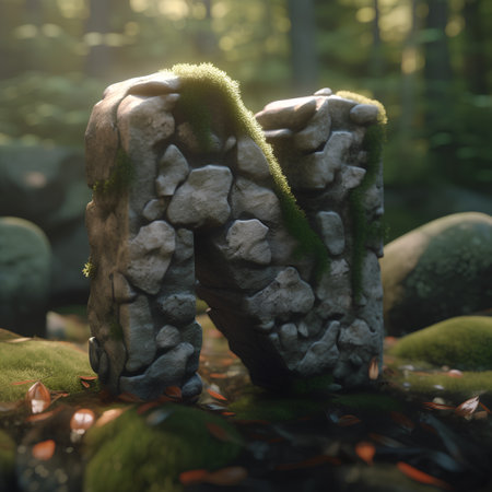 Stone with moss and lichen in the forest, 3d renderの素材