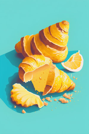 Fresh croissants with slices of lemon on turquoise backgroundの素材