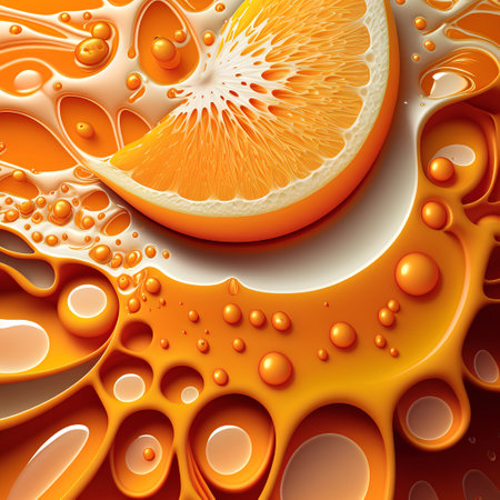 Orange slice with water drops on orange background. 3d illustration.の素材