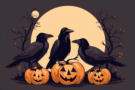 Halloween card with crows and pumpkins. Vector illustration.の素材