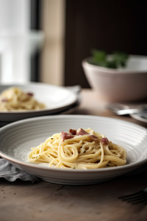Spaghetti Carbonara with bacon on white plate, selective focus.の素材