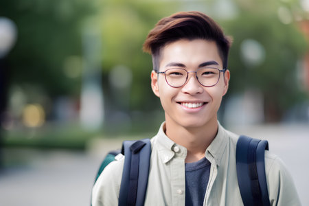portrait of happy asian student in eyeglasses with backpackの素材