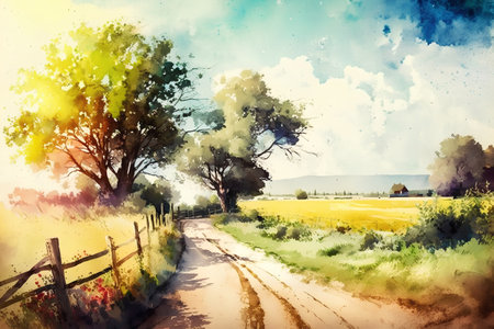 Beautiful landscape with country road and trees. Digital watercolor painting.の素材