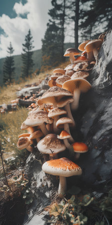 Group of mushrooms growing on a tree trunk in the mountains. Toned.の素材