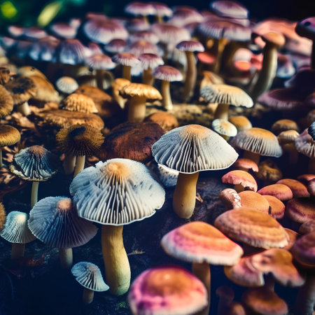 Mushrooms in the forest, close-up. Nature backgroundの素材
