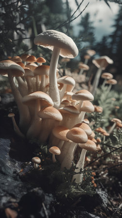 Mushrooms growing on a stump in the forest. Selective focus.の素材