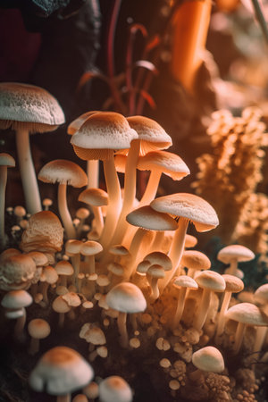 Mushrooms growing in a forest. Selective focus. Toned.の素材