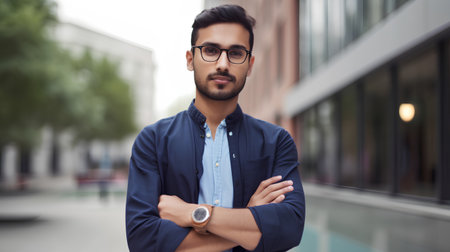 Portrait of handsome young man with eyeglasses standing in cityの素材