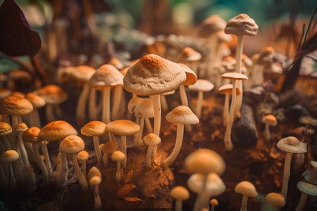 Mushrooms growing in the forest. Shallow depth of fieldの素材