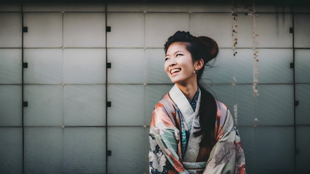 Japanese woman wearing kimono in front of a metal wall.の素材