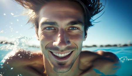 Close-up portrait of a happy young man swimming in the poolの素材