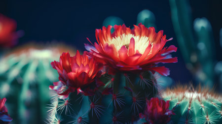 Colorful blooming cactus flowers on dark blue background. Selective focus.の素材