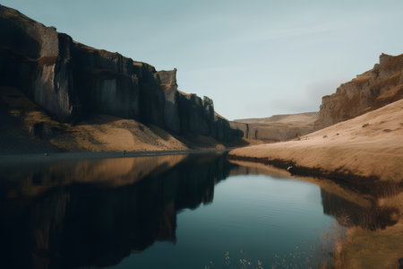 Beautiful winter landscape with lake and high cliffs in Scotland, UKの素材