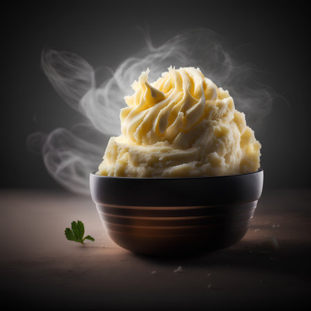 Mashed potatoes in a bowl with smoke on a dark background.の素材