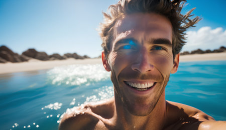 Portrait of smiling young man standing in water at beach on a sunny dayの素材