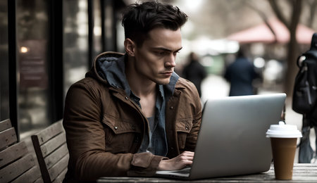 Portrait of a handsome young man using laptop while sitting in a cafeの素材