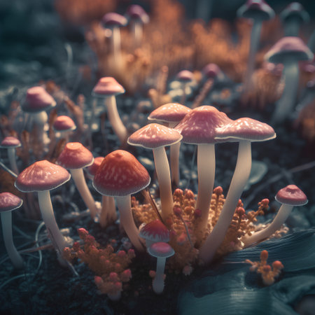 Autumn mushrooms in the forest. Nature background. Toned.の素材