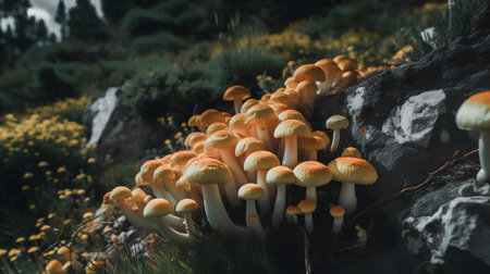 Group of yellow mushrooms growing on a rock in the middle of the forestの素材