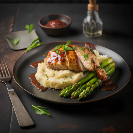 Grilled chicken breast with mashed potatoes, asparagus and sauceの素材