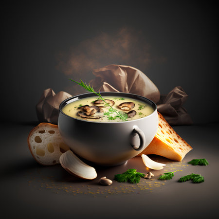 Mushroom soup in a bowl with croutons on a black backgroundの素材