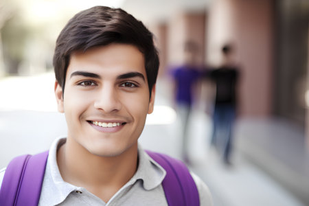 Portrait of a young male student smiling at the camera in campusの素材