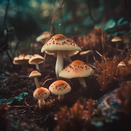 Autumn mushrooms in the forest, macro photo with shallow depth of fieldの素材