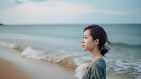 portrait of a young asian woman on the beach in the eveningの素材