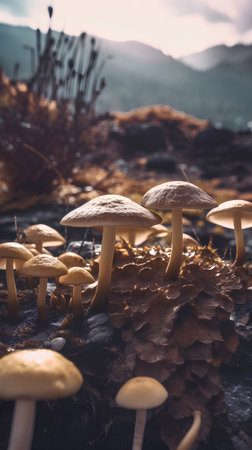 Group of mushrooms growing in the forest. Selective focus. Toned.の素材