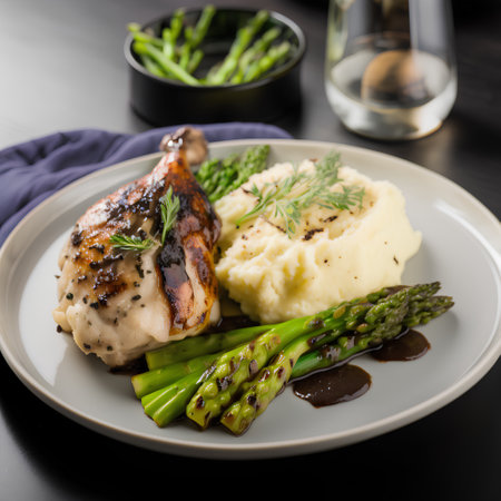 Grilled chicken breast with mashed potatoes and asparagus on a plateの素材