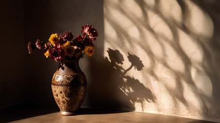 Vase with flowers on the floor and shadow of the wall.の素材