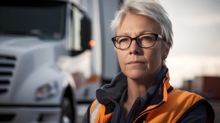Portrait of mature woman with glasses standing in front of truck.の素材