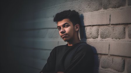 Portrait of a young man leaning against a brick wall looking at the cameraの素材