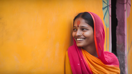 Indian woman with red saree on her head smiling at the cameraの素材