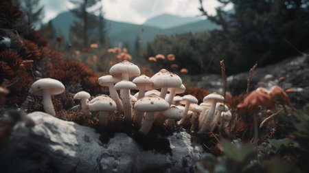 Mushrooms in the forest on a background of the mountains.の素材