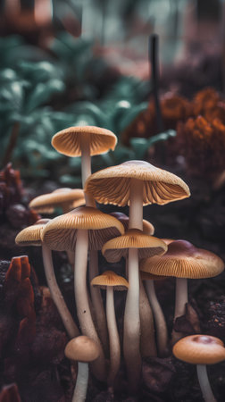 Group of mushrooms growing in the forest. Selective focus. Toned.の素材