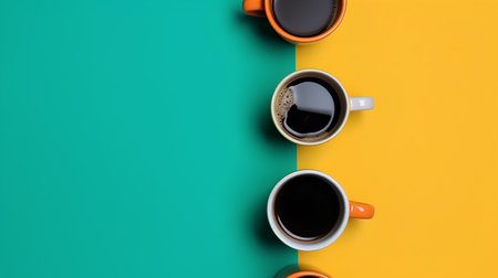 Coffee cups on colorful background. Flat lay, top viewの素材