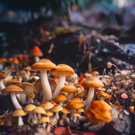 mushrooms growing in the forest in autumn, shallow depth of fieldの素材
