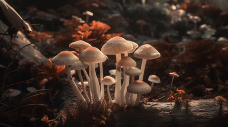 Mushrooms growing on a tree stump in the autumn forest.の素材