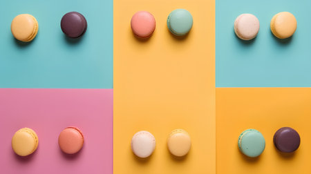 Colorful macaroons on multicolored background, top viewの素材