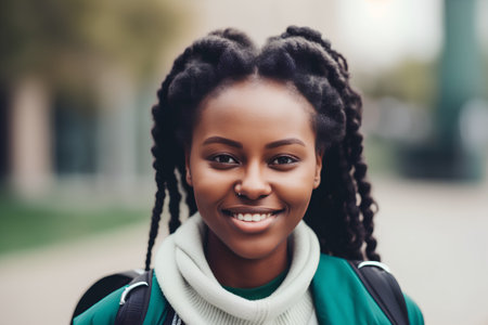 Closeup portrait of a smiling african american woman with backpackの素材