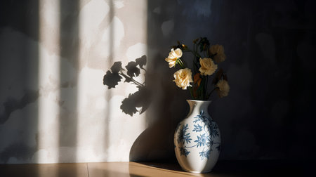 Still life with vase of yellow roses on the table against the wall.の素材