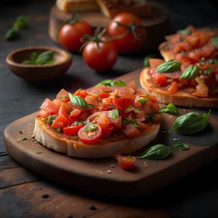 Bruschetta with tomatoes, basil and olive oil on rustic wooden backgroundの素材
