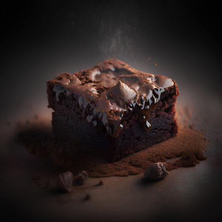 Piece of chocolate cake sprinkled with cocoa powder on a dark backgroundの素材