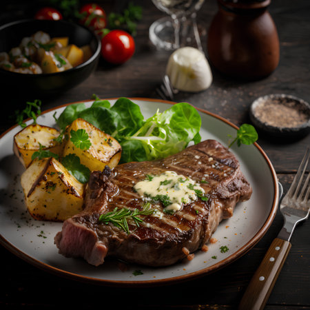 Grilled T-bone steak with potatoes, herbs and sauce on wooden backgroundの素材