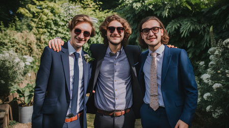three young businessmen in suits and sunglasses standing back to back in gardenの素材
